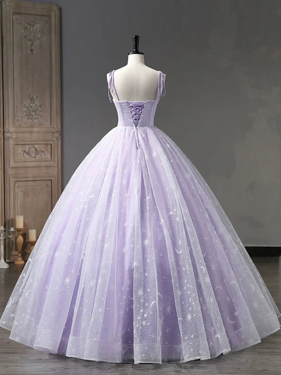 Light Purple Tulle Straps Long Prom Dress, Purple A-Line Princess Dress TP307