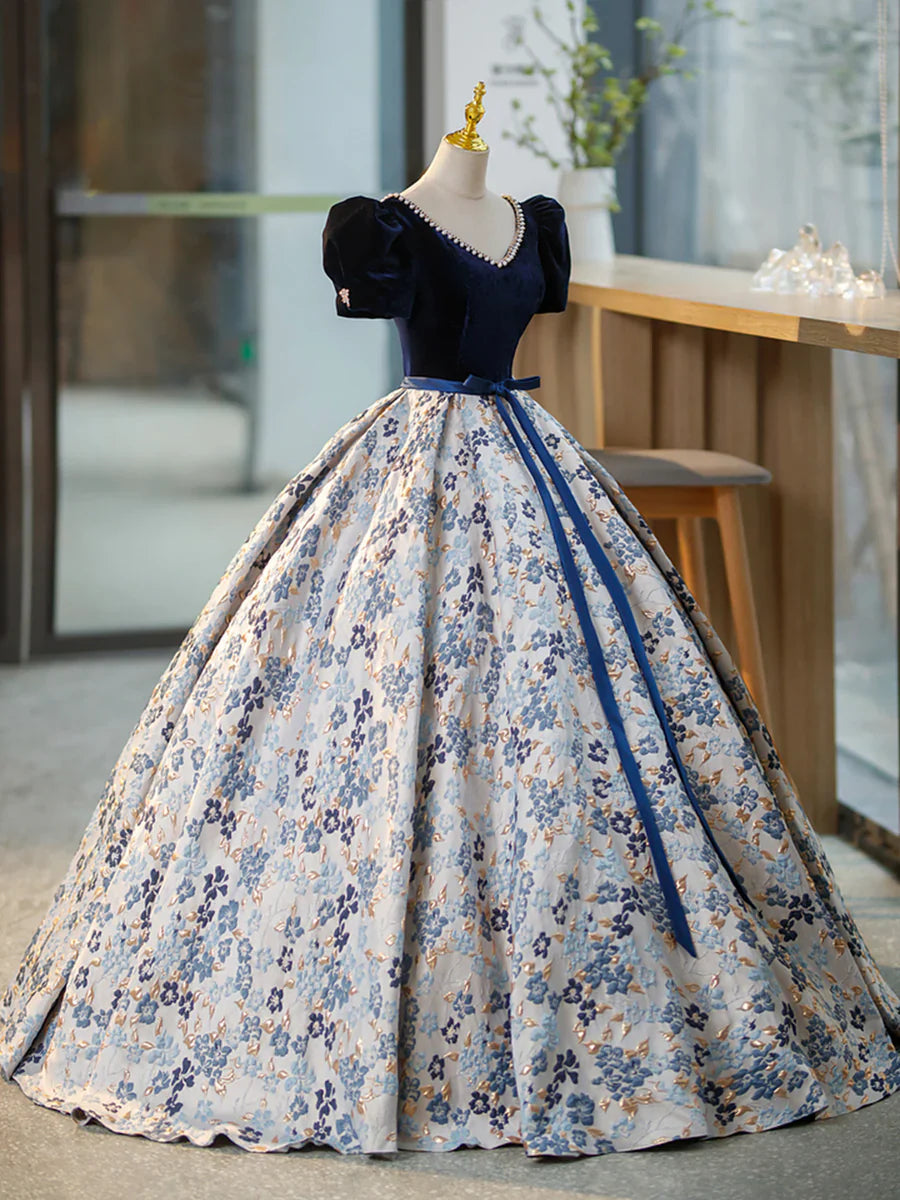 Blue V-Neck Short Sleeve Ball Gown, Blue A-Line Velvet Floor Length Evening Dress TP308