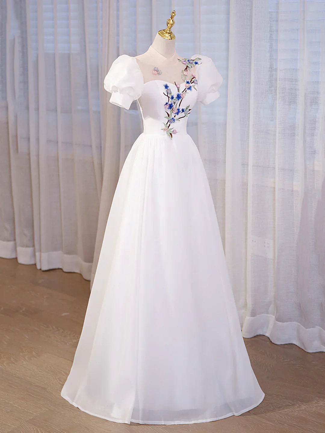 Elegant White Tulle Appliques Long Prom Dress, White High Neck A-Line Evening Dress TP309