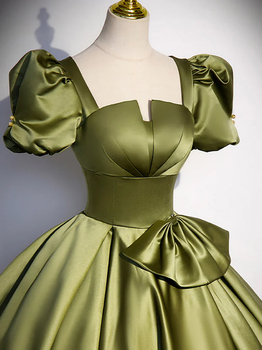 Green Satin Short Sleeve Floor Length Formal Dress, Green A-Line Prom Dress TP310