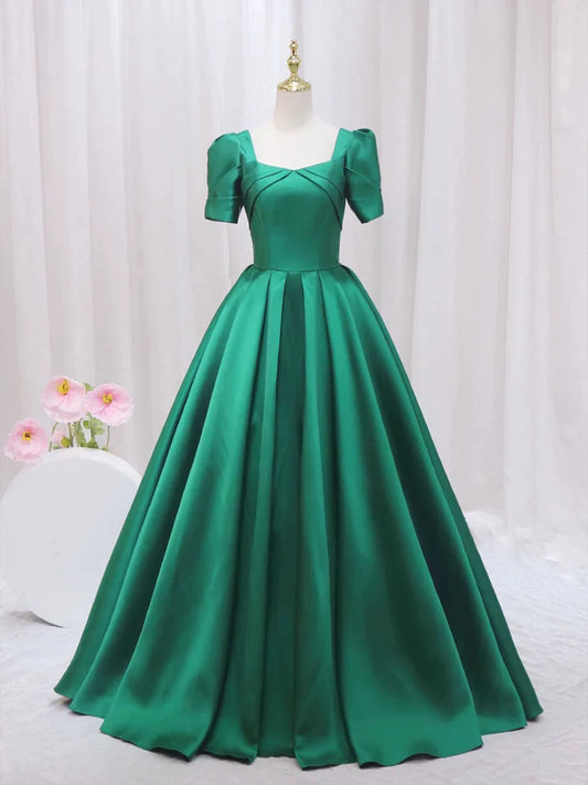 Green Satin Floor Length Prom Dress, Green Short Sleeve Evening Dress TP311