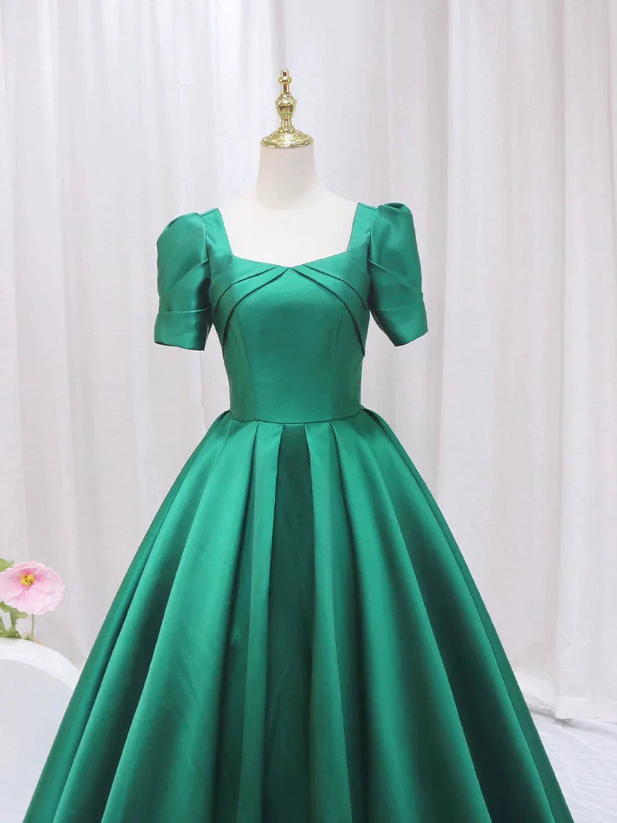 Green Satin Floor Length Prom Dress, Green Short Sleeve Evening Dress TP311