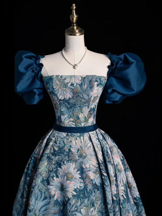 Blue Printed Long Ball Gown, Elegant A-Line Short Sleeve Evening Dress TP312