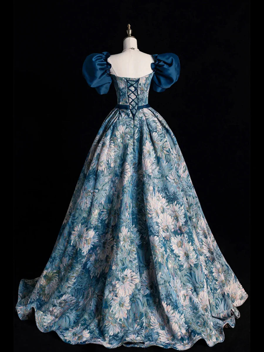 Blue Printed Long Ball Gown, Elegant A-Line Short Sleeve Evening Dress TP312