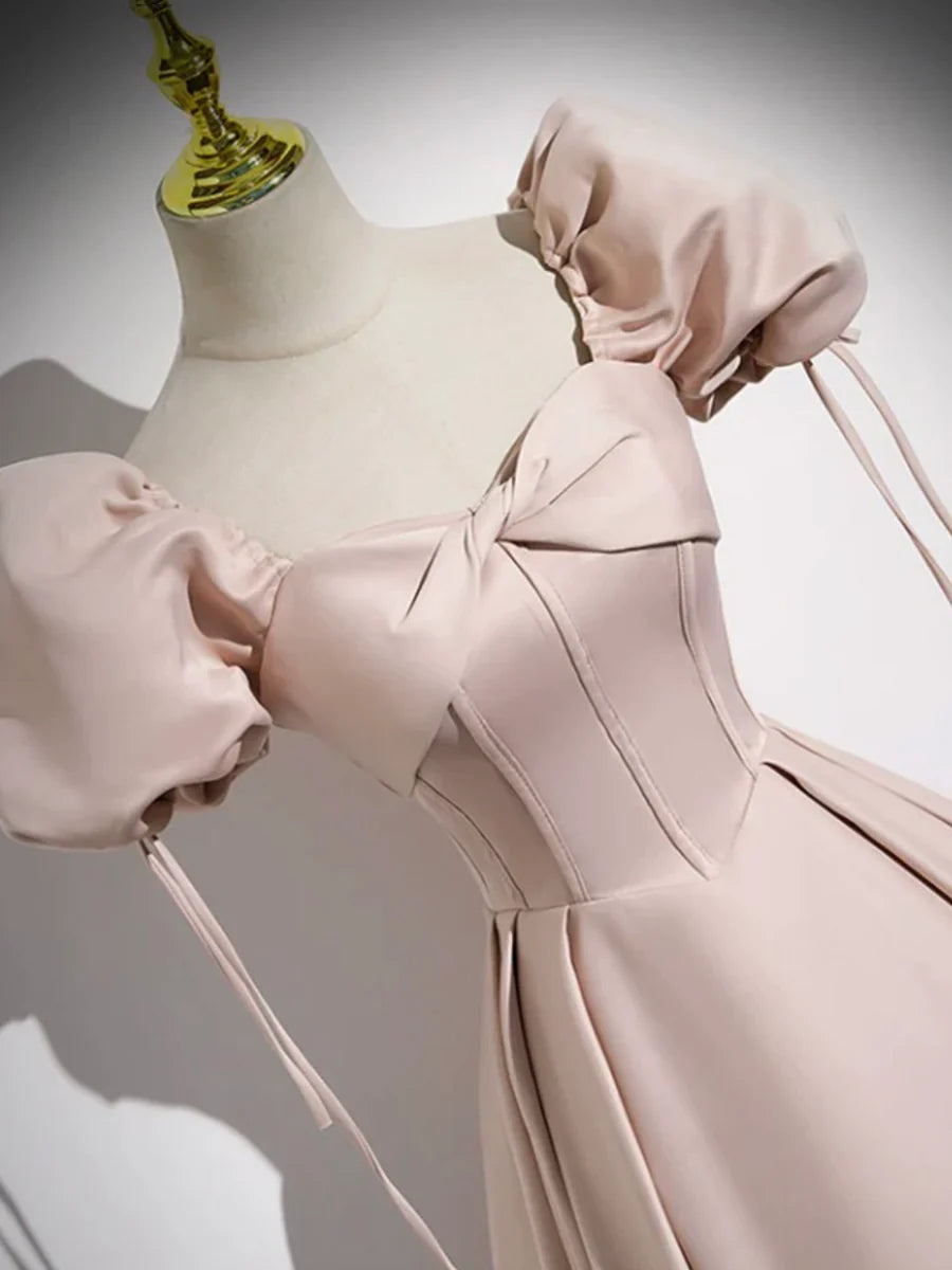 Pink Satin A-Line Floor Length Prom Dress, Off Shoulder Short Sleeve Evening Dress TP313