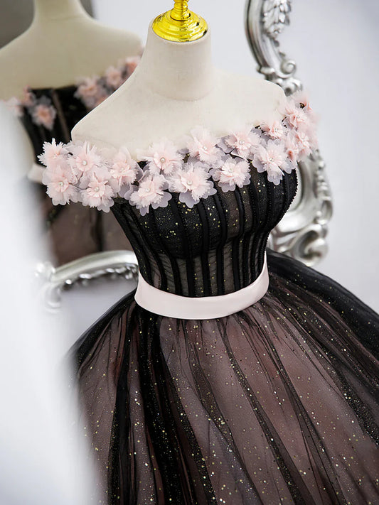 Black Tulle and Pink Flowers Party Dress, Black Off Shoulder Sweet 16 Dress TP314