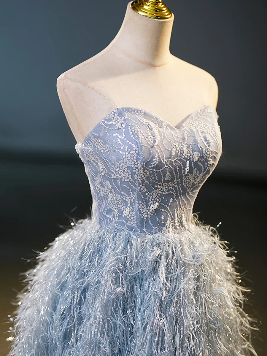 Blue A-Line Strapless Floor Length Prom Dress, Blue Evening Party Dress TP317