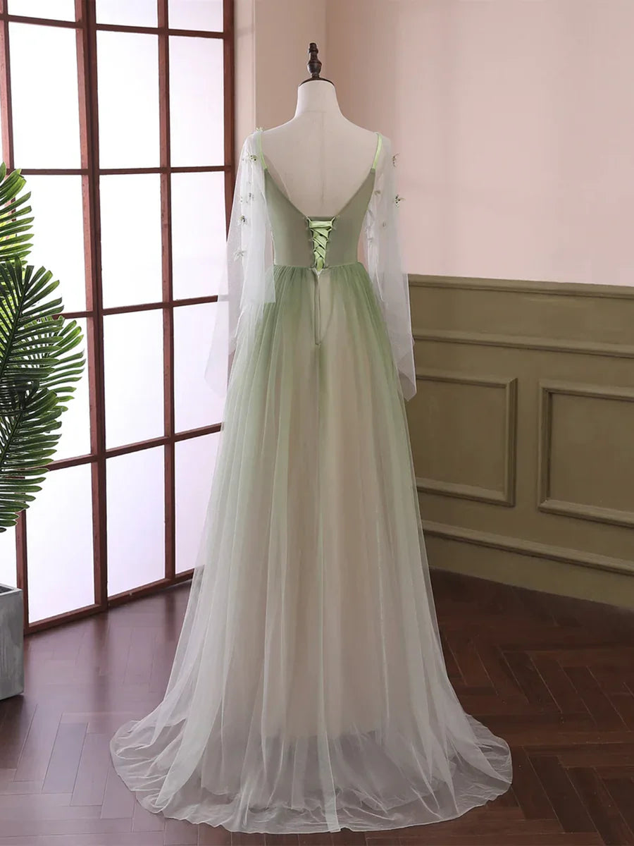 Light Green Tulle Long Sleeve Prom Dress, Green Gradient Floor Length Evening Dress TP320
