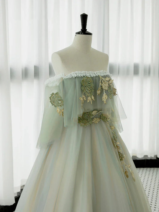 Green Tulle Lace Long Prom Dress, Green Off Shoulder Evening Party Dress TP321