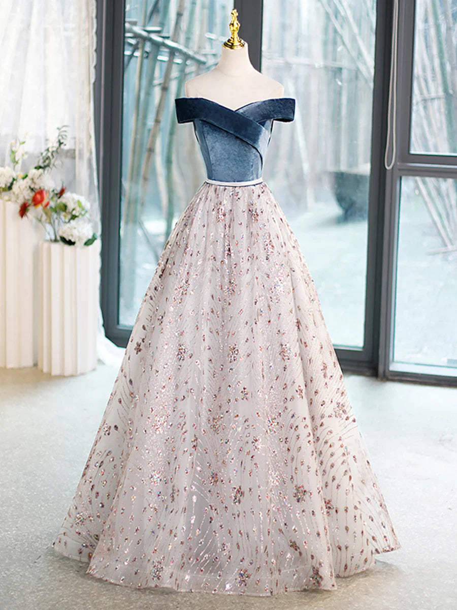 Blue Velvet and Tulle Long Prom Dress, Off Shoulder Evening Dress Party Dress TP322