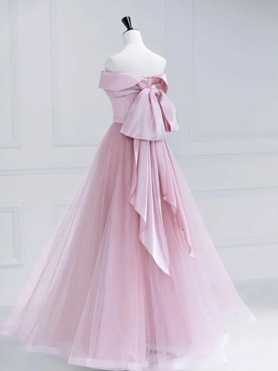 Pink Satin Tulle Long Prom Dress, Pink Off Shoulder Evening Dress TP323