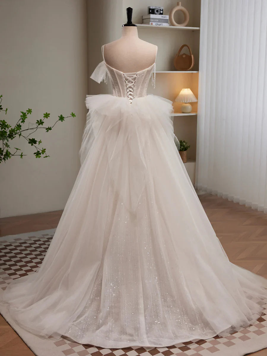 Light Champagne Tulle Long Princesse Dress, Lovely Spaghetti Straps Evening Party Dress TP324