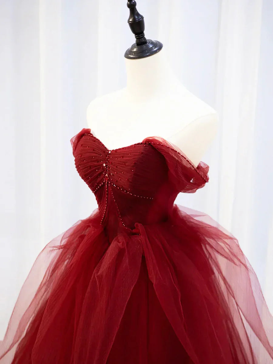 Burgundy Sweetheart Tulle Long Prom Dress with Beaded, Burgundy Party Dress TP325