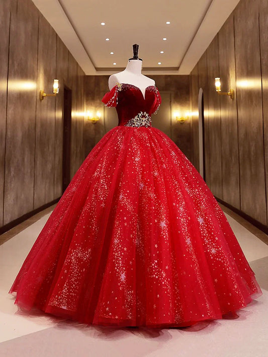 Burgundy Velvet Tulle Long Formal Dress, Burgundy Off Shoulder Prom Dress TP326