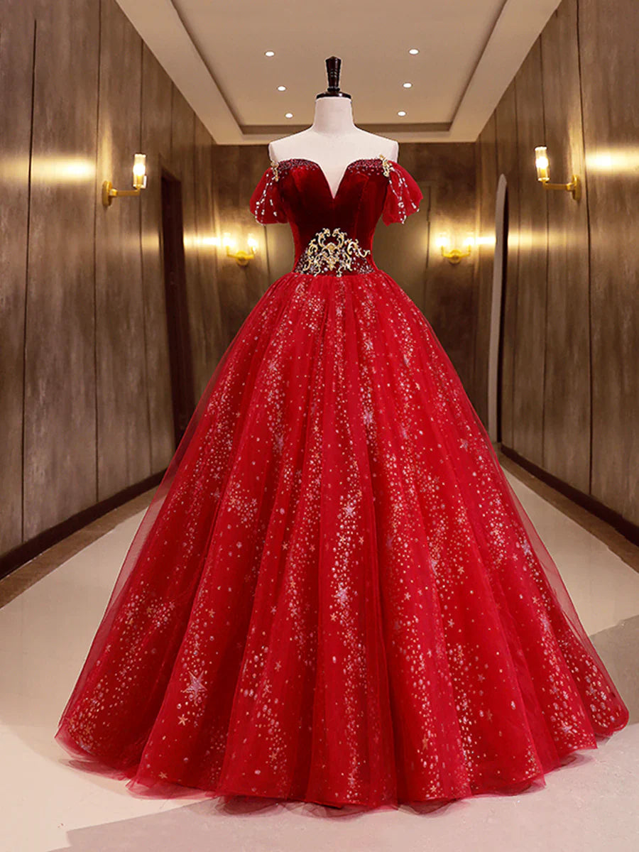 Burgundy Velvet Tulle Long Formal Dress, Burgundy Off Shoulder Prom Dress TP326