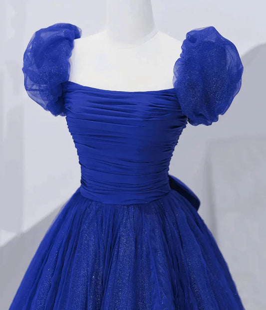 Cute Tulle Long Prom Dress with Bow, Royal Blue Short Sleeve Evening Party Dress TP327