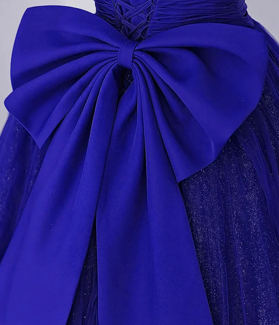 Cute Tulle Long Prom Dress with Bow, Royal Blue Short Sleeve Evening Party Dress TP327