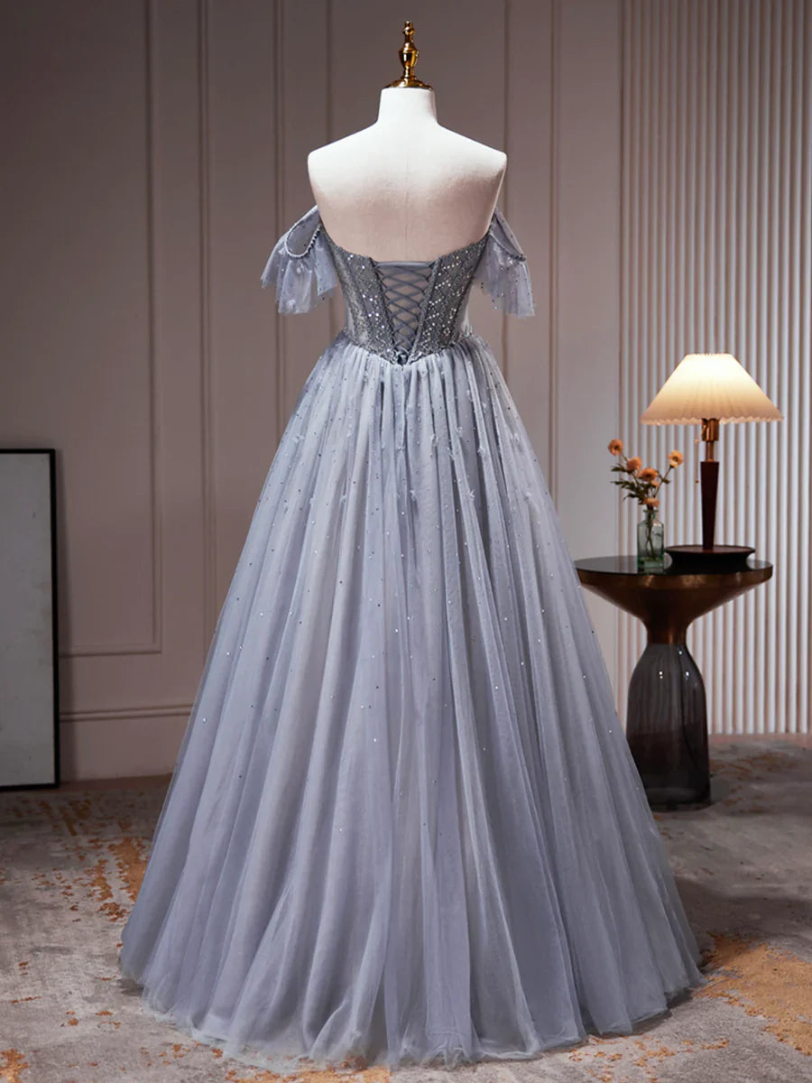 Gray Tulle Off Shoulder Beaded Party Dress, A-Line Tulle Formal Dress Prom Dress TP328