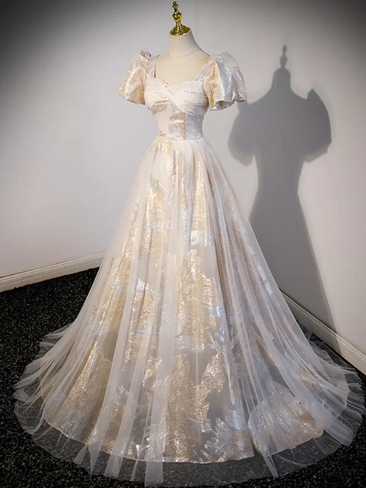 Champagne Tulle Long Formal Dresses, Champagne Short Sleeve Evening Dresses TP330