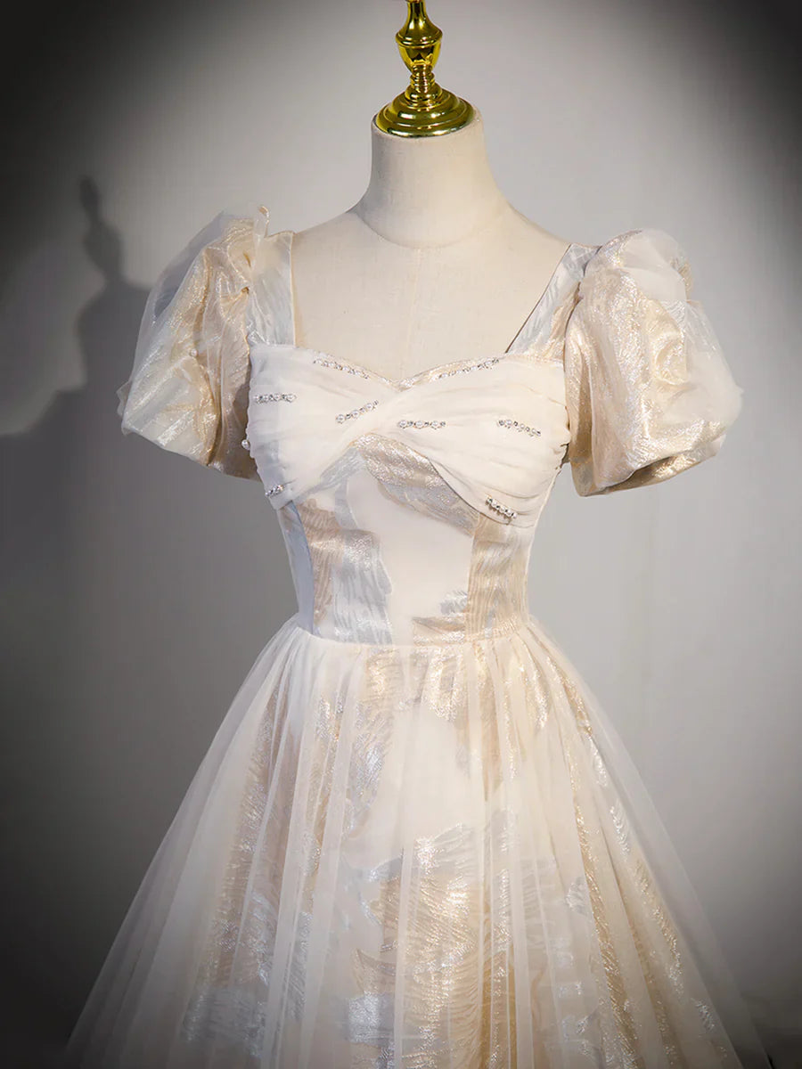 Champagne Tulle Long Formal Dresses, Champagne Short Sleeve Evening Dresses TP330
