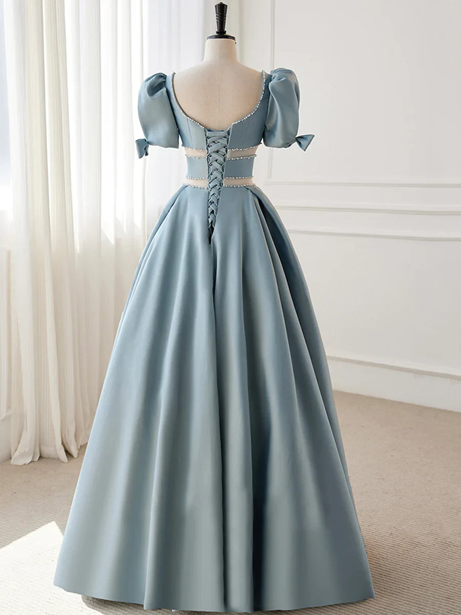 Blue Satin Beaded Long Prom Dress, Blue Short Sleeve Evening Dress TP332
