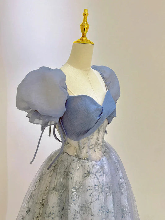 Blue Tulle Lace Long Prom Dress, Beautiful Short Sleeve Evening Dress TP333