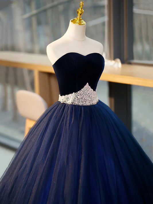 Blue Tulle Long Formal Dress with Velvet, Blue Sweetheart Neck Prom Dress TP334