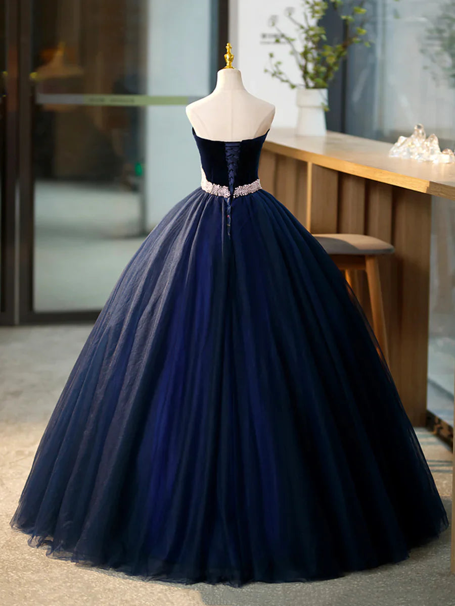 Blue Tulle Long Formal Dress with Velvet, Blue Sweetheart Neck Prom Dress TP334