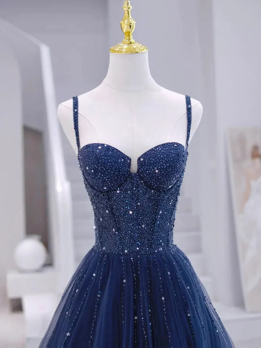 Blue Tulle Beaded Long Formal Dress, Blue Evening Dress TP336
