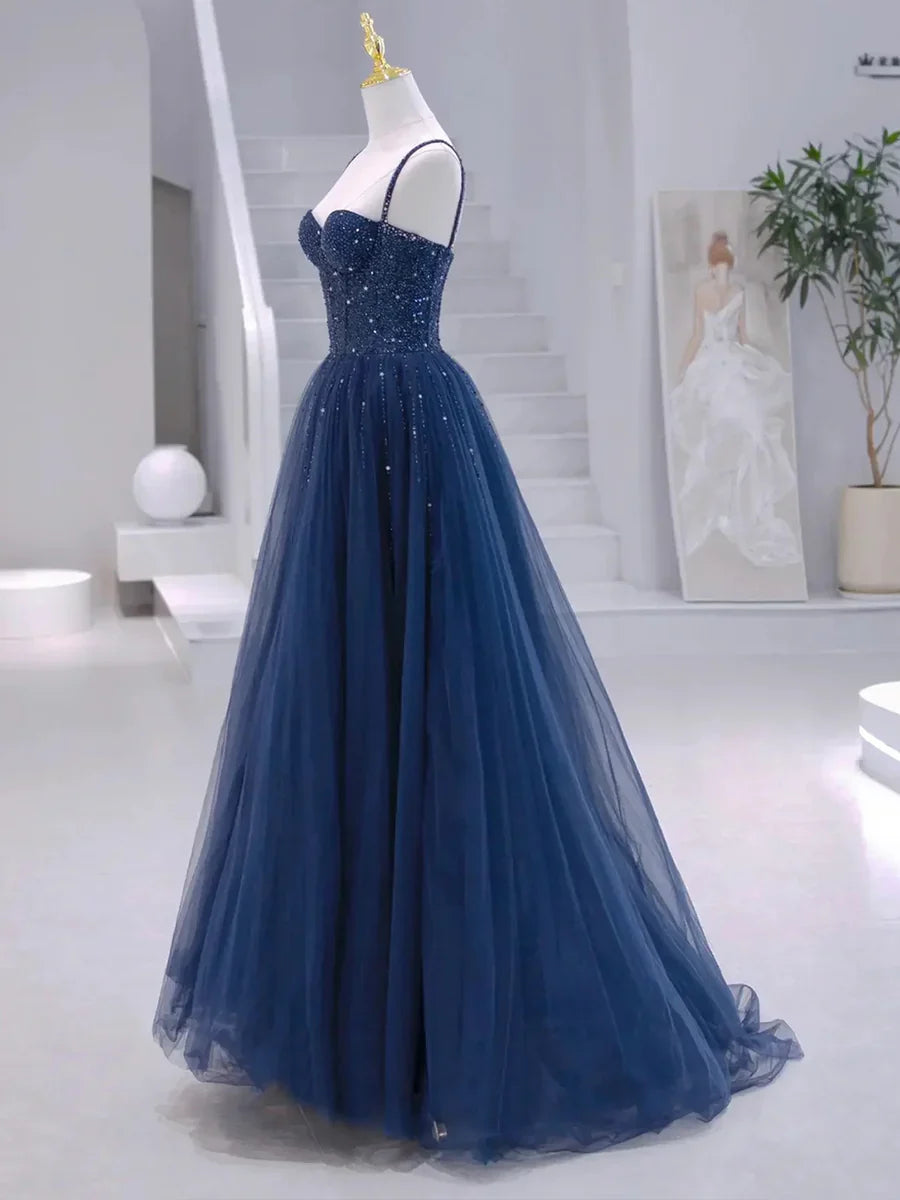 Blue Tulle Beaded Long Formal Dress, Blue Evening Dress TP336
