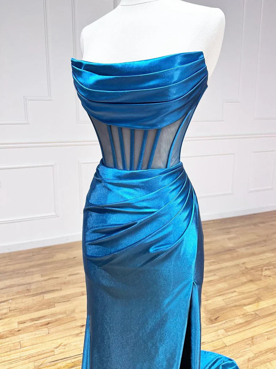Blue Strapless Pleated Long Prom Dress, Blue Satin Party Dress TP337