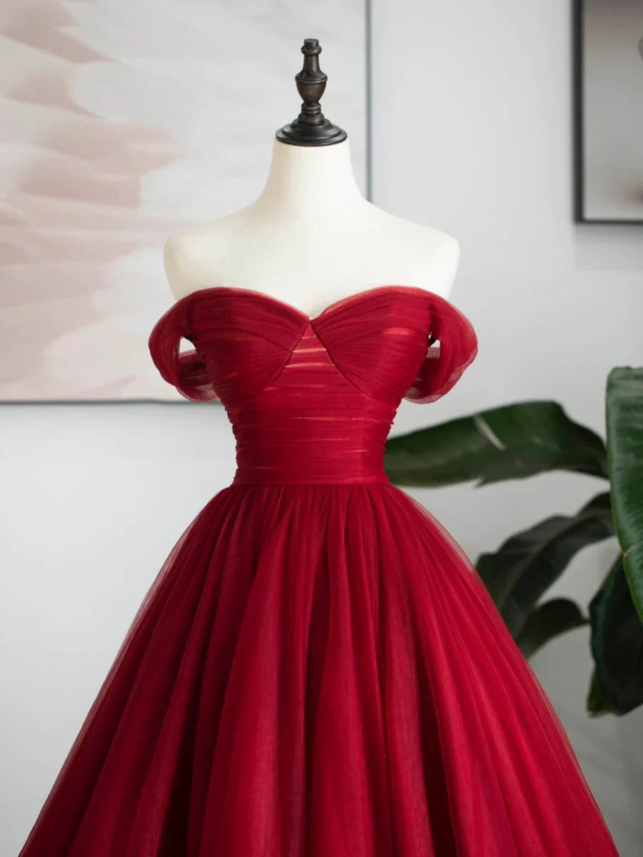 Burgundy Tulle Long Formal Dress, Off Shoulder Evening Dress Party Dress TP339
