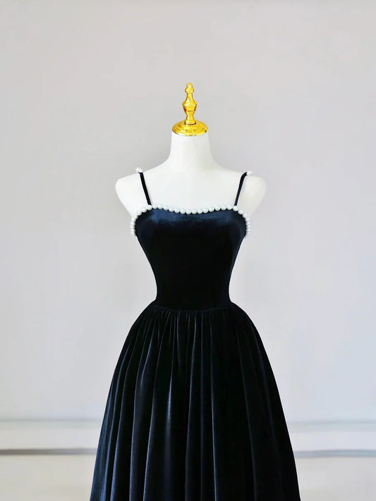Spaghetti Strap Velvet Long Prom Dress with Pearls, Black Evening Dress Party Dress TP341