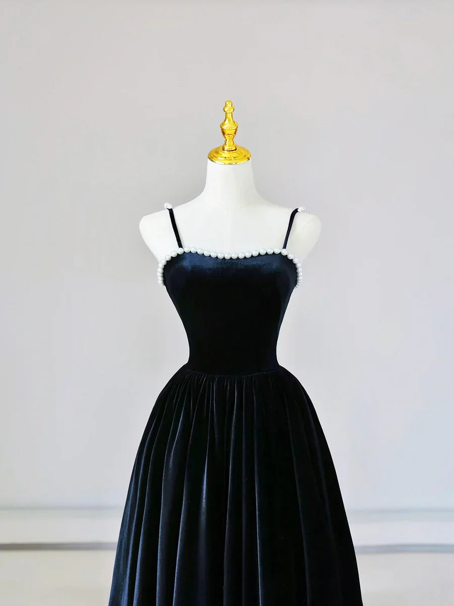 Spaghetti Strap Velvet Long Prom Dress with Pearls, Black Evening Dress Party Dress TP341