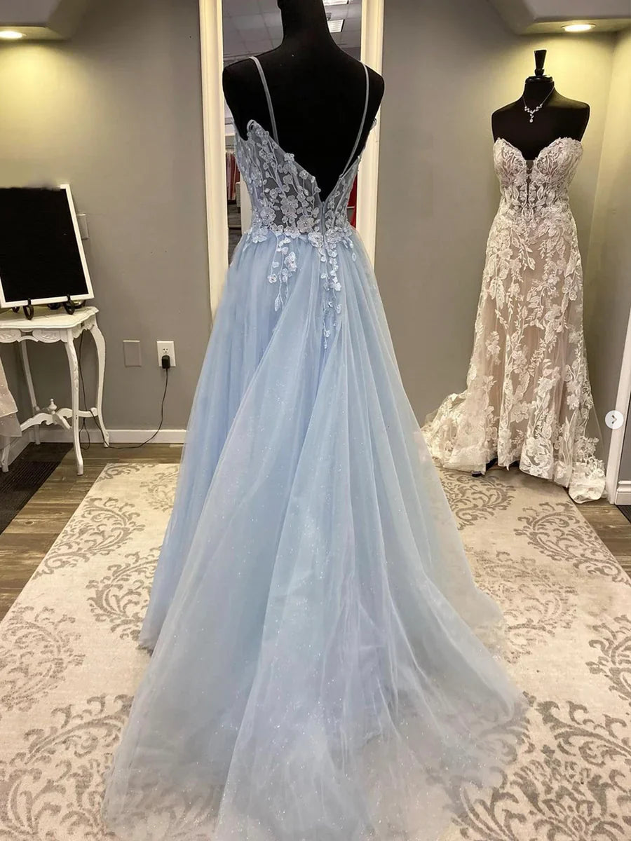 Blue Spaghetti Strap Tulle Long Prom Dress with Lace, A-Line Evening Party Dress TP344