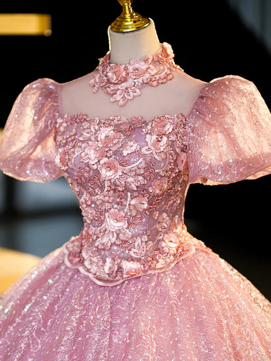 Pink Tulle and Lace Long Prom Dress with Sequins, Beautiful A-Line Sweet 16 Dress TP346