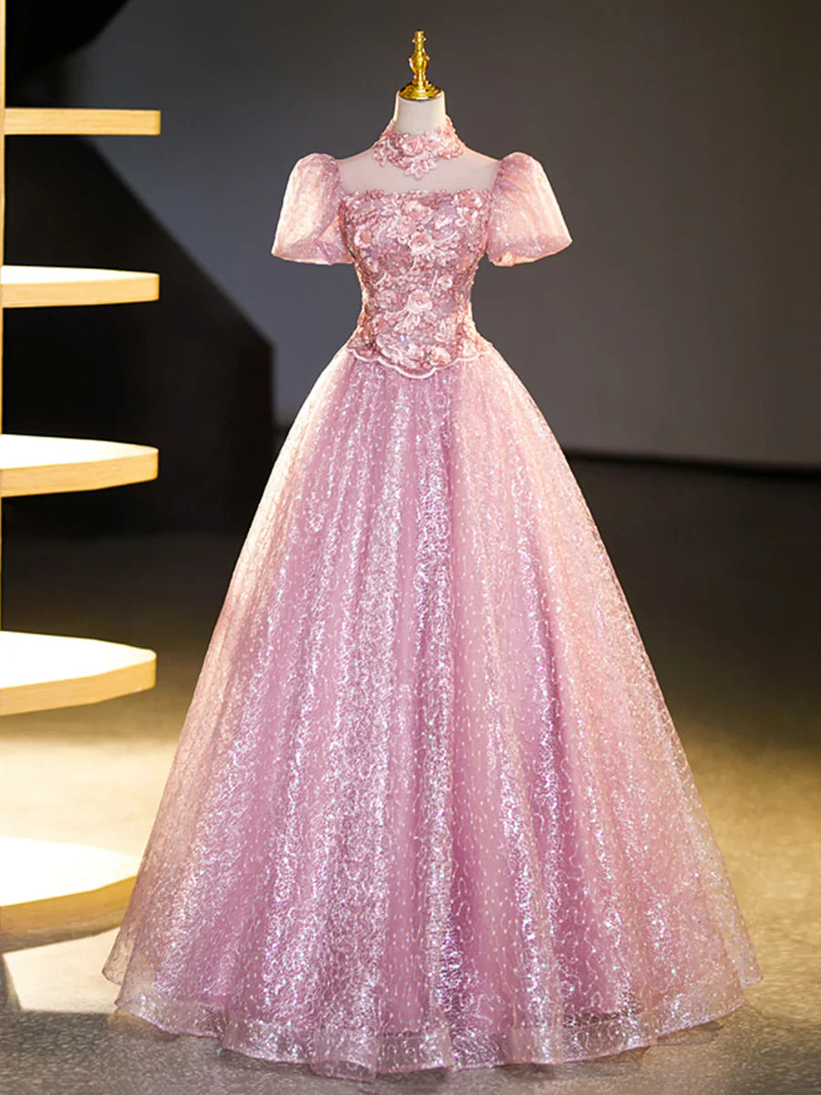 Pink Tulle and Lace Long Prom Dress with Sequins, Beautiful A-Line Sweet 16 Dress TP346