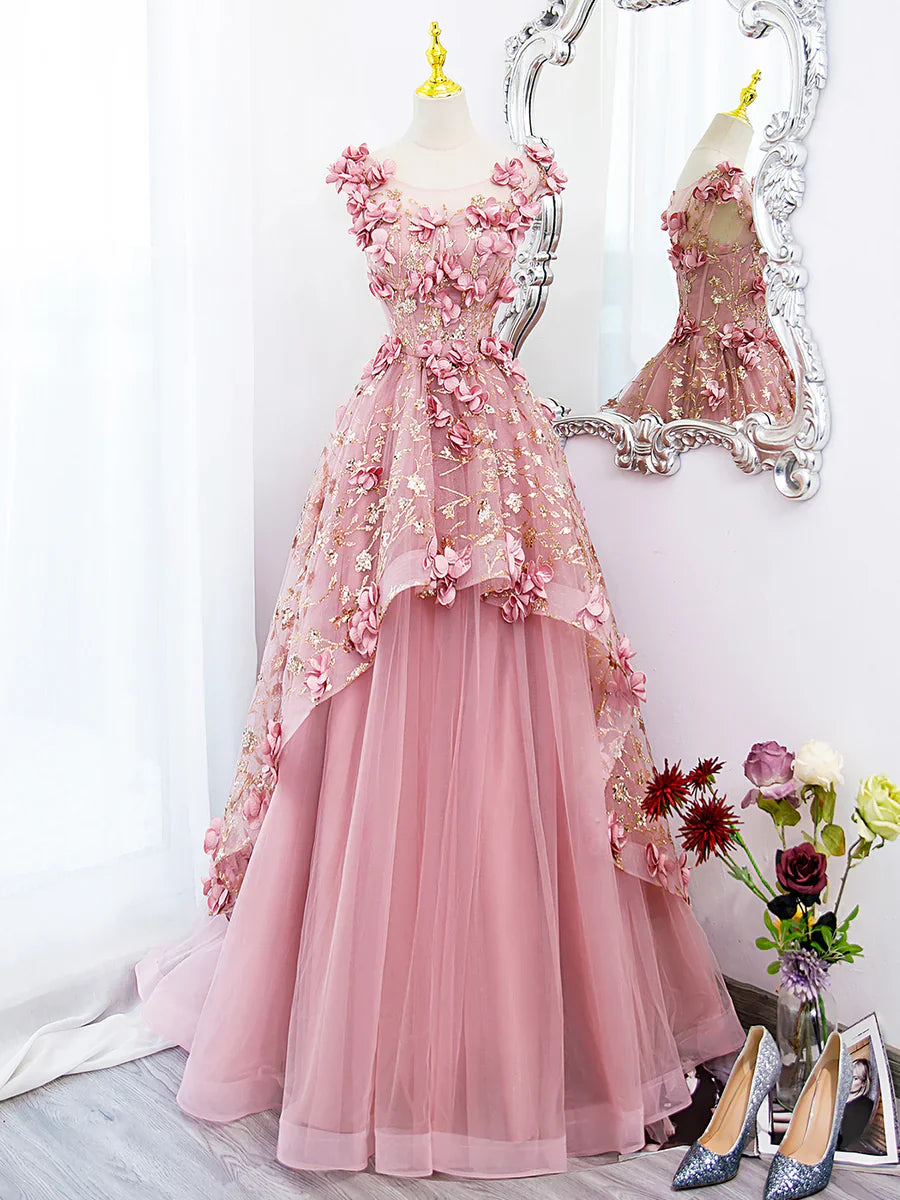 Pink Tulle Long Prom Dress with Flowers, Beautiful A-Line Sweet 16 Dress TP347