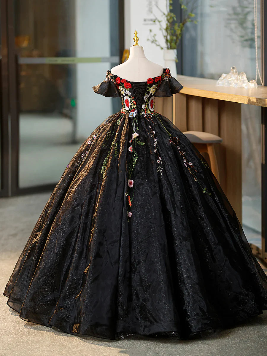 Black Tulle Long Prom Dress with Lace Flowers, Beautiful Off Shoulder Evening Gown TP349