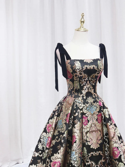 Black Floral Floor Length Prom Dress, A-Line Black Evening Dress TP350