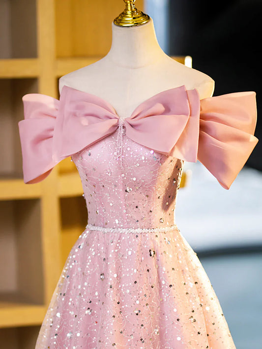 Sparkly Off-Shoulder Sequins Floor Length Formal Dress, Beautiful Pink Prom Dress TP353