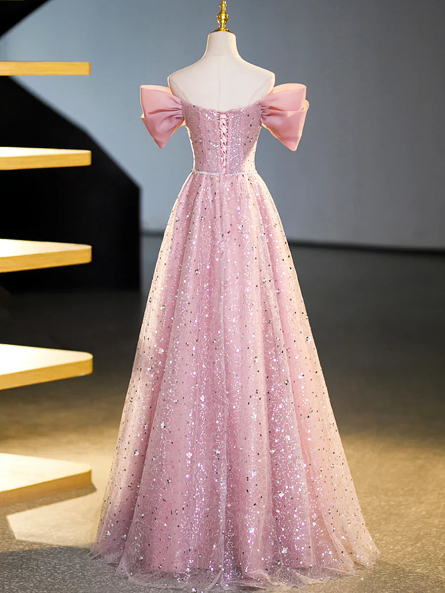 Sparkly Off-Shoulder Sequins Floor Length Formal Dress, Beautiful Pink Prom Dress TP353