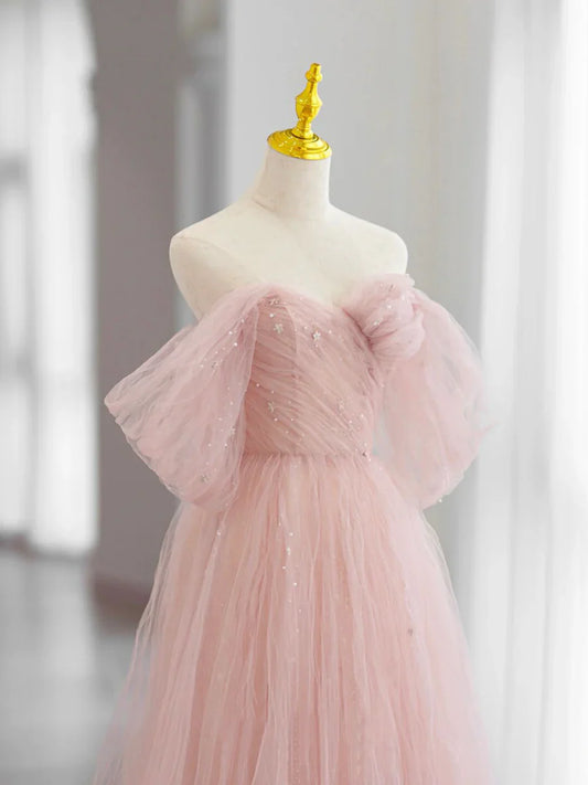 Pink Tulle Long Prom Dress, Beautiful A-Line Off Shoulder Evening Dress TP354