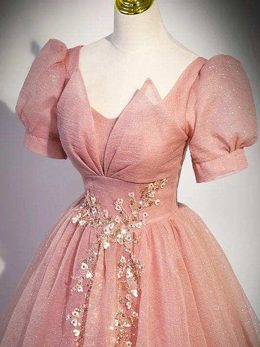Pink Tulle Floor Length Prom Dress with Short Sleeve, Beautiful A-Line Evening Dress TP355