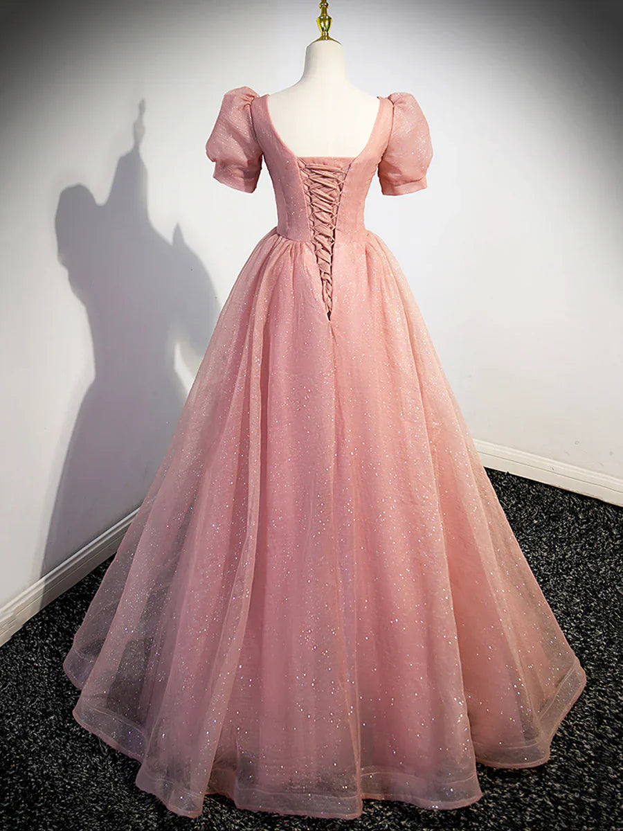 Pink Tulle Floor Length Prom Dress with Short Sleeve, Beautiful A-Line Evening Dress TP355