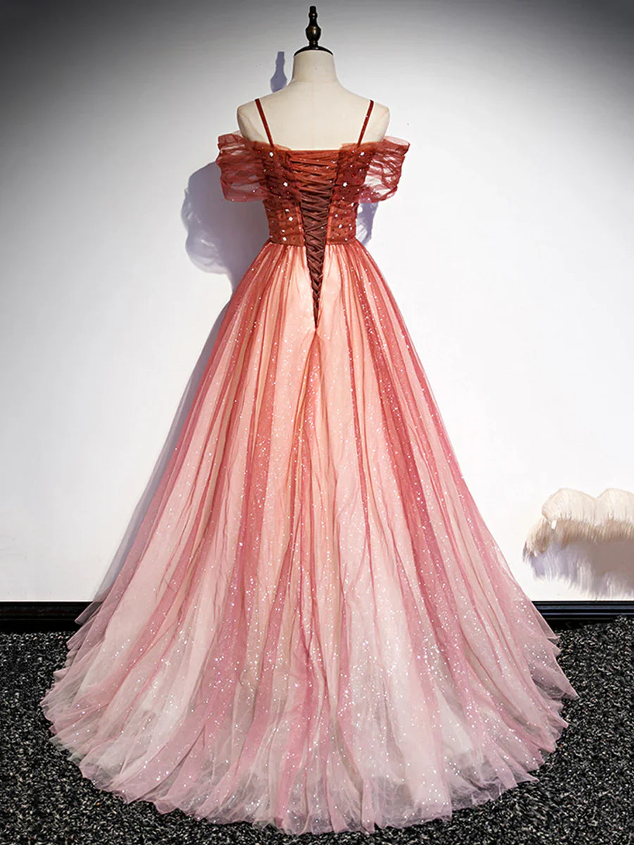 Burgundy Tulle Long Prom Dress, A-Line Off Shoulder Evening Dress TP359