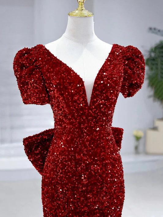 Mermaid Sequins Long Prom Dress, Burgundy V-Neck Evening Dress TP360