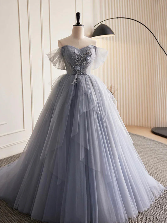 Gray Tulle Long A-Line Prom Dress, Off Shoulder Evening Dress Party Dress TP361