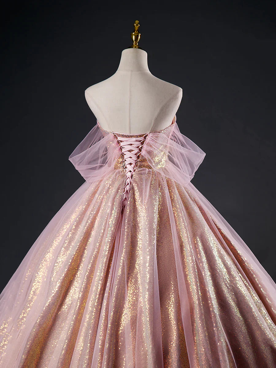 Pink Tulle Sequins Long Prom Dress, Beautiful A-Line Formal Dress Sweet 16 Dress TP362