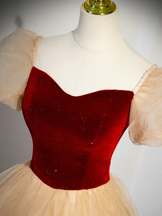 Cute Velvet Tulle Long Prom Dress, A-Line Short Sleeve Formal Dress TP363
